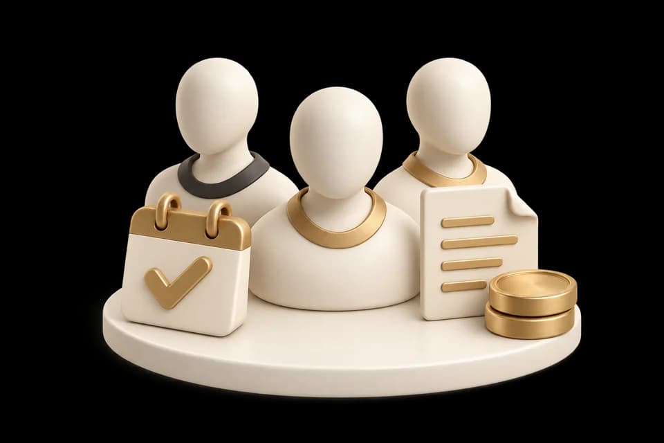 A sculptural team with a calendar, payroll document and gold coins